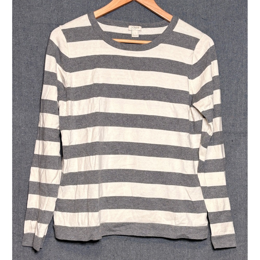 J. Crew Womens Gray White Striped Cotton Crewneck Sweater Size L C8703 FA15